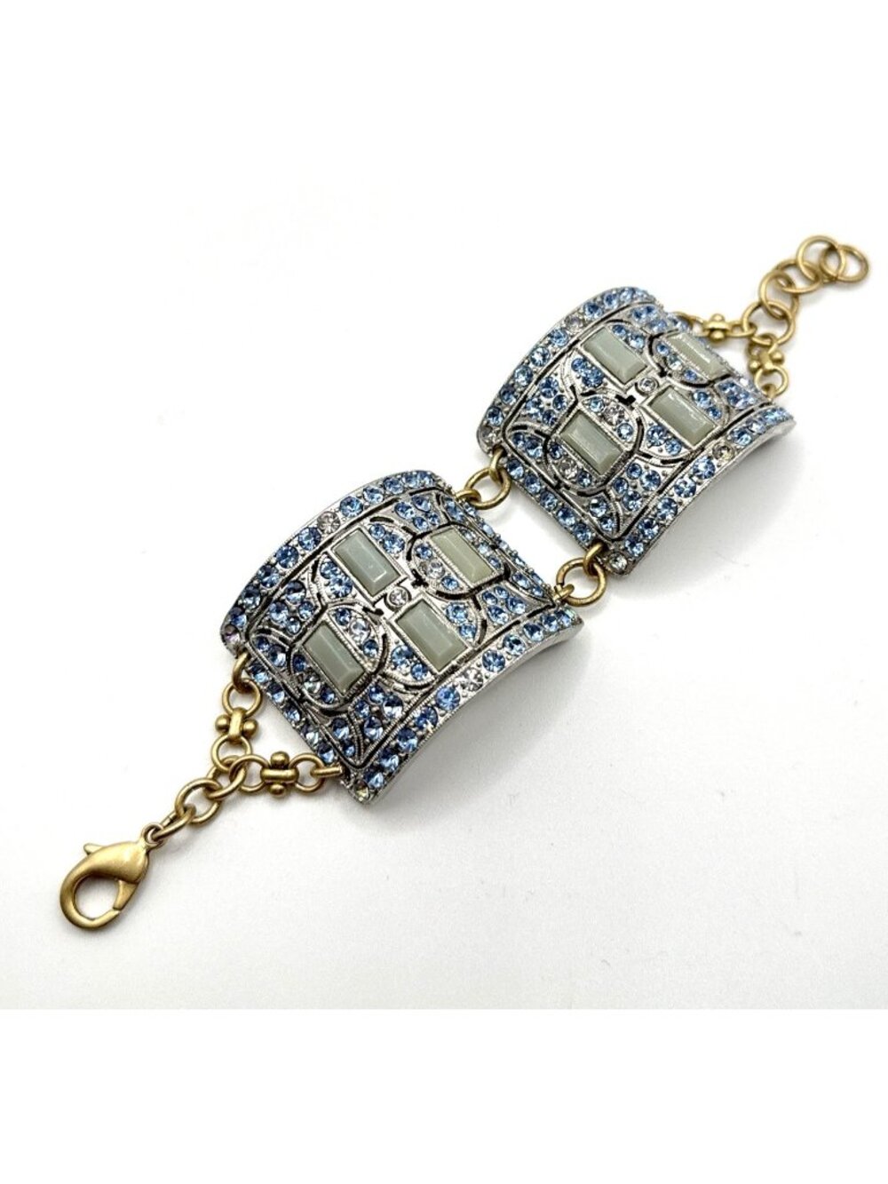 Lulu Frost for J Crew Bracelet Panel Ice Blue Rhinestones Antiqued Gold Chain - Picture 2 of 12